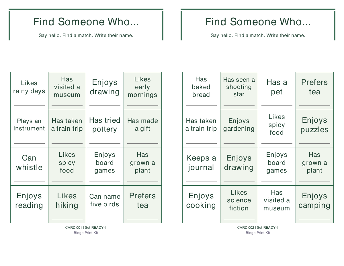 Two generated find-someone bingo cards with botanical borders, a name line in each square and numbered reprint IDs